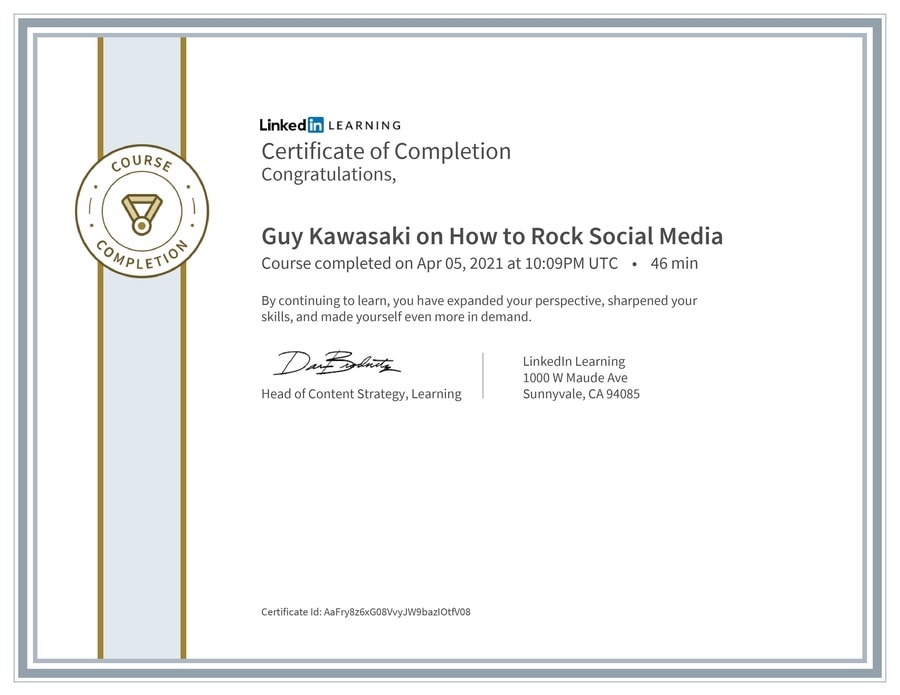 Certificate of Guy Kawasaki on How to Rock Social Media course