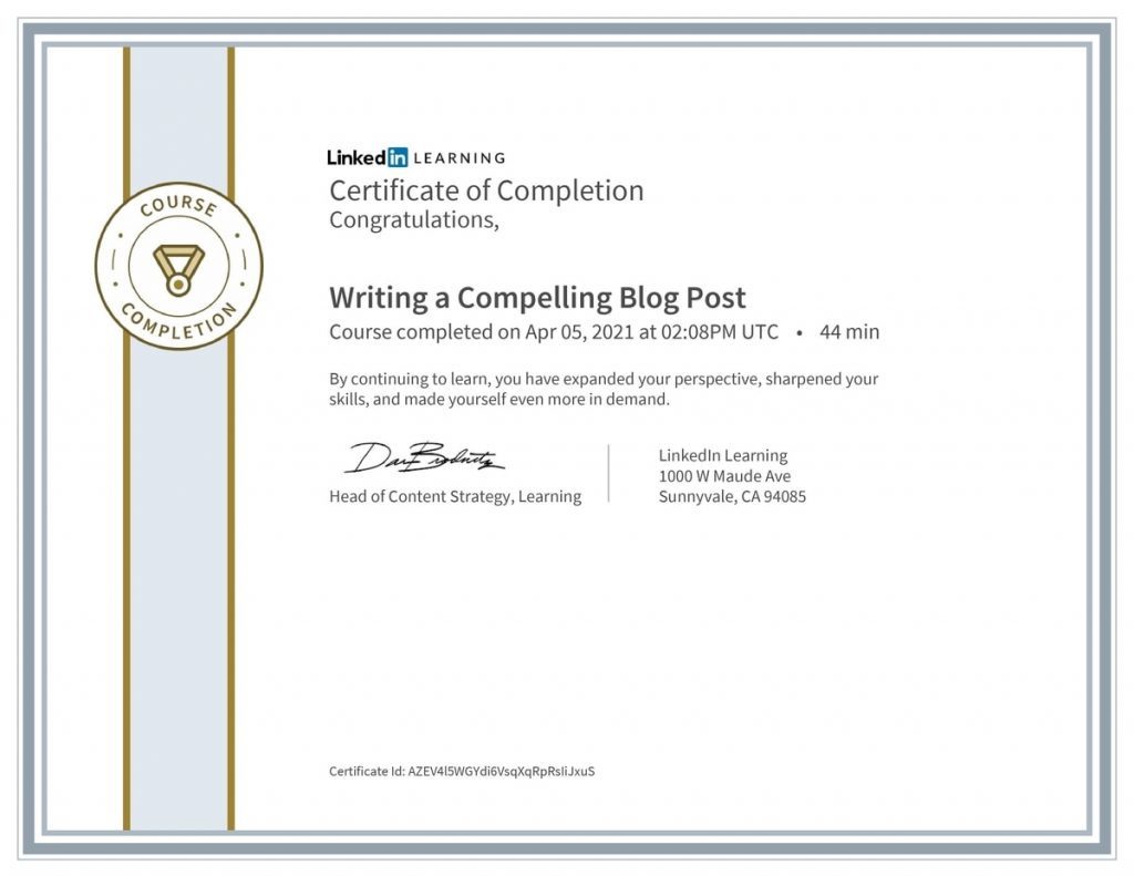 Writing a Compelling Blog Post course certificate